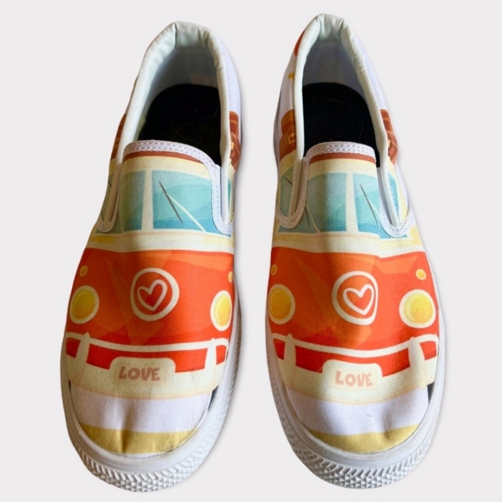 VW Camper Van Inspired Love Bus Slip on Sneakers. Sz 9